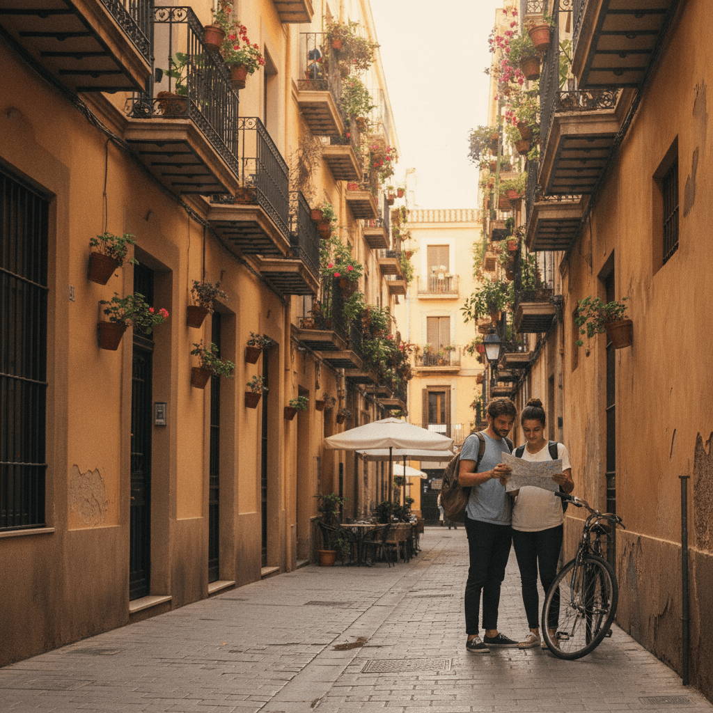 Best neighbourhoods for Erasmus student housing in Valencia: residential street with colourful buildings in the Ruzafa district