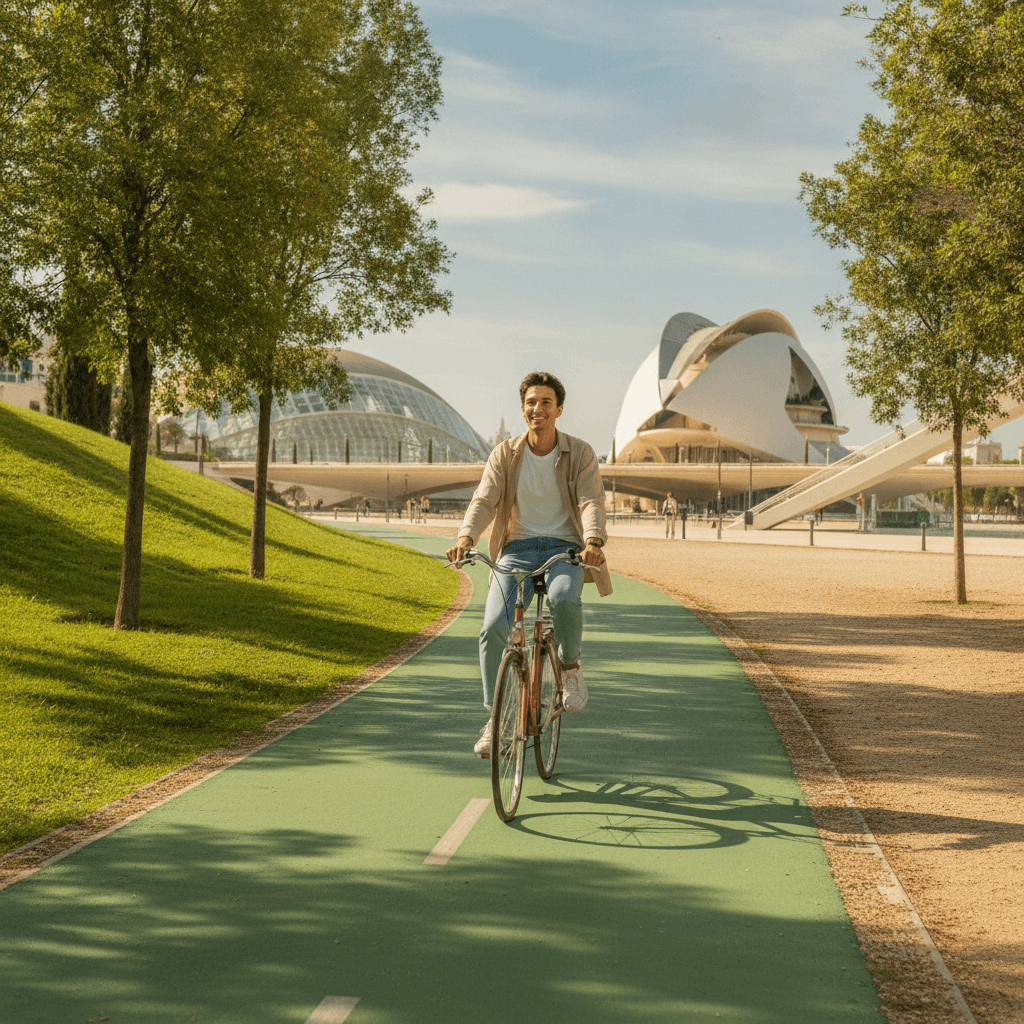 Erasmus student cycling in Valencia's Turia Park with the City of Arts and Sciences in the background — best value-for-money Erasmus destination in Spain