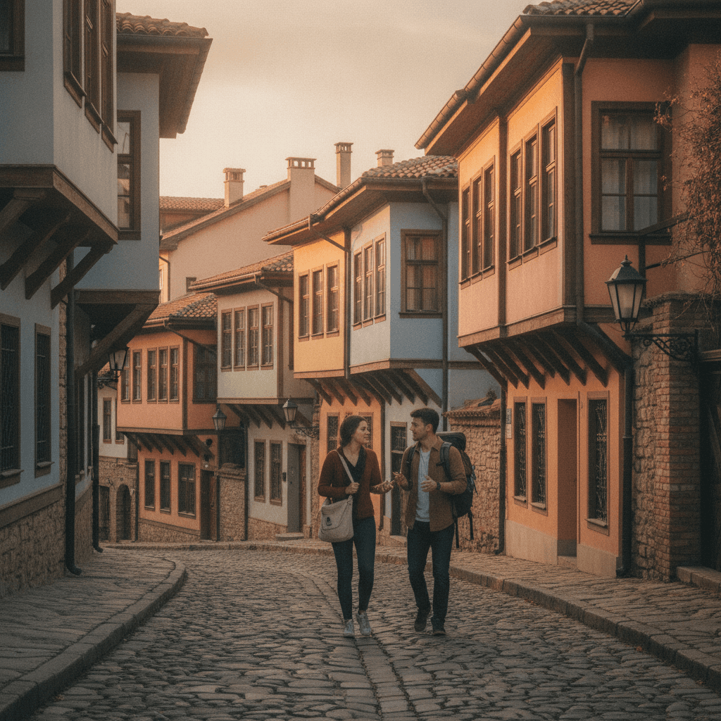 Erasmus students in the historic centre of Plovdiv among the colourful houses of the Old Town — neighbourhoods and student accommodation in Plovdiv